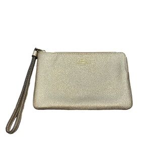 COACH corner-zip gold metallic leather wristlet and cardholder with strap.